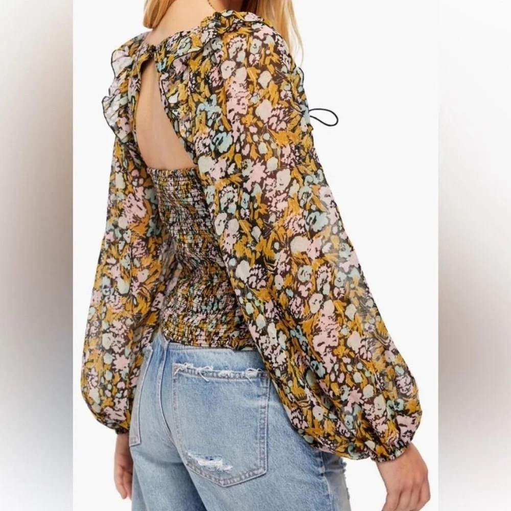 Free People Mabel Printed Ruffle Tie-Front Open-Back Floral Blouse Size Large